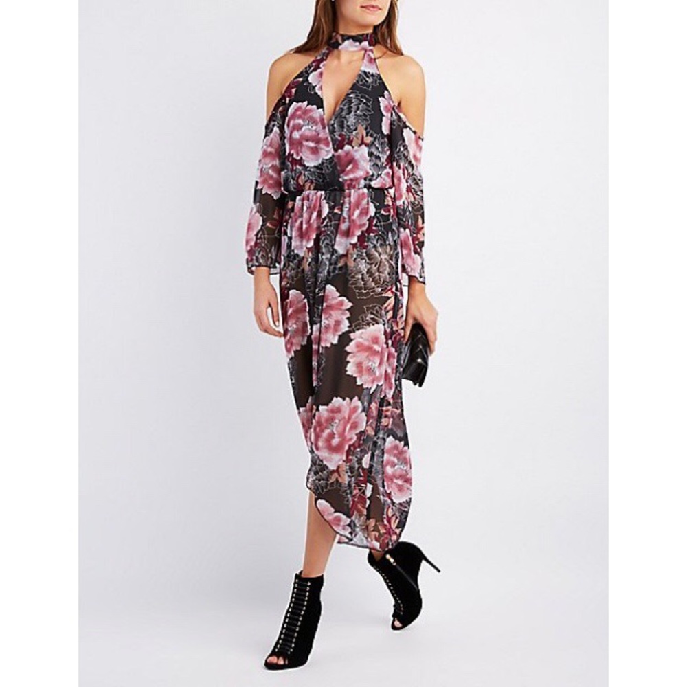 Floral Choker Neck Surplice Maxi Dress